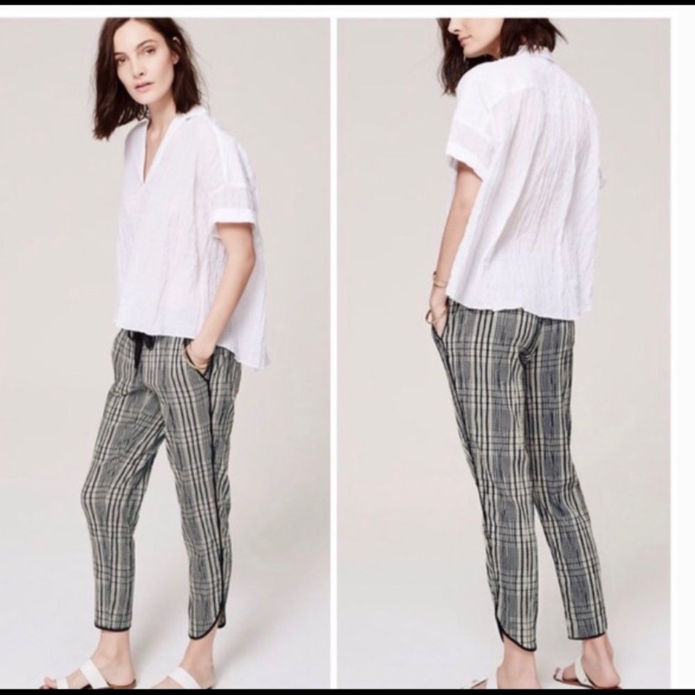 ANN TAYLOR LOFT crinkle black & ivory plaid high waisted joggers pants M